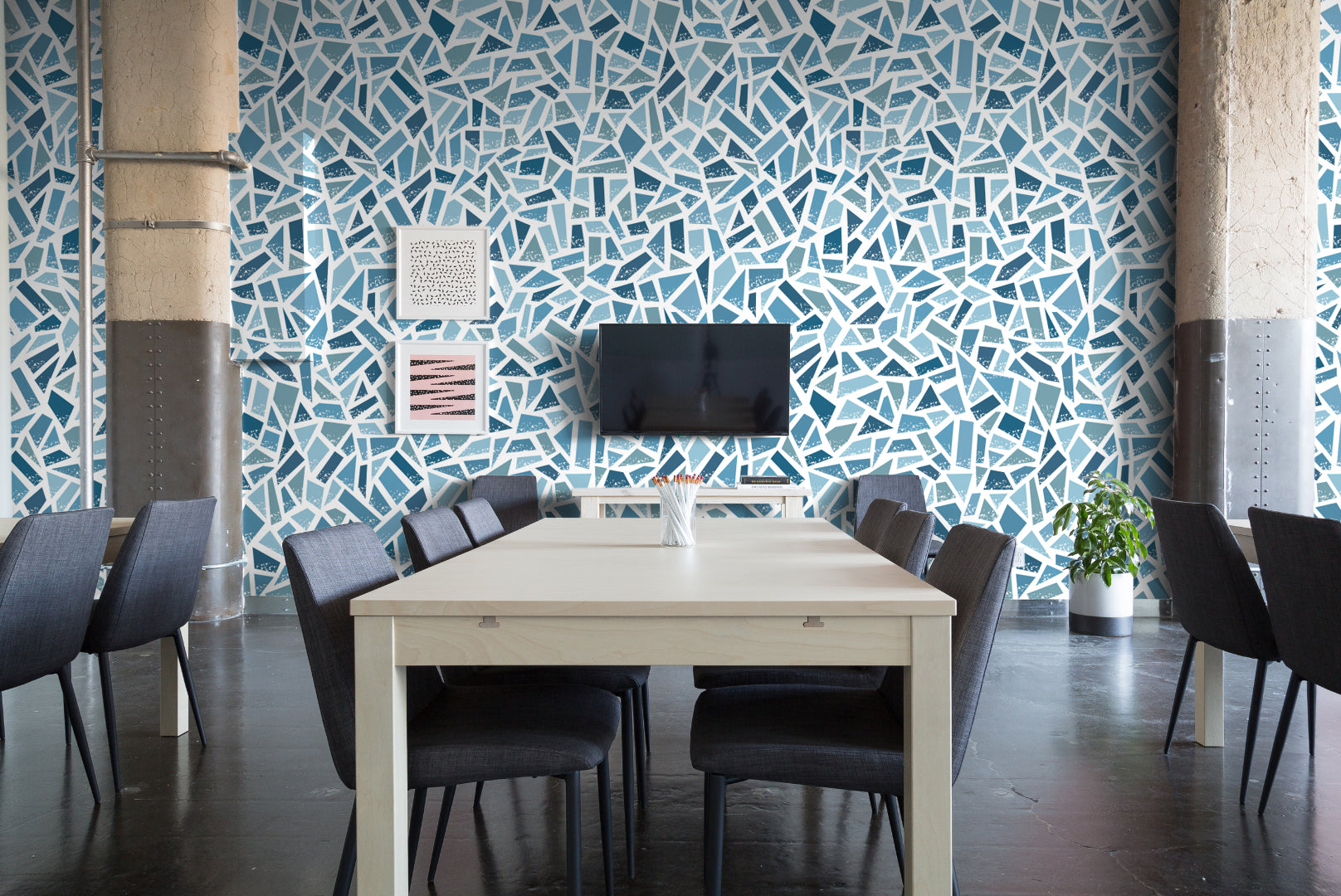 Blue Geometric Mosaic Mural